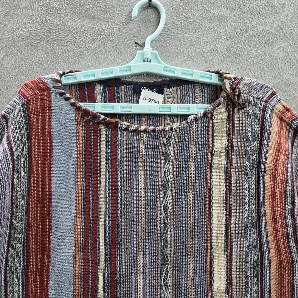 Chaps Denim Women Sweatshirt‎ L Blue Striped Boho 3/4 Sleeve